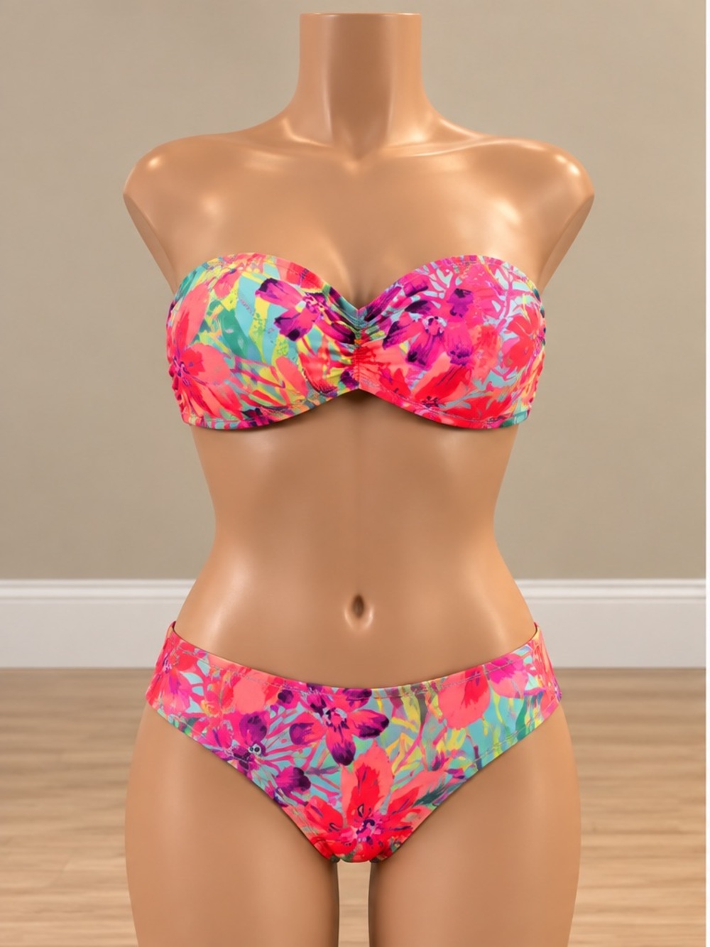Victoria's Secret Tropical Floral Padded Bandeau Bikini Set Ruched Bottom